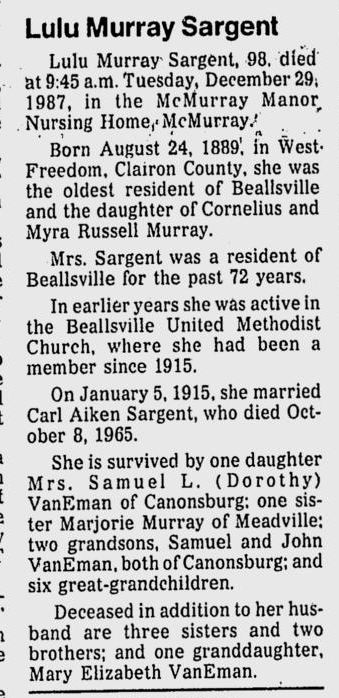 Lulu Murray Sargent obit